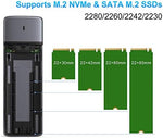 Aluminum external hard drive enclosure showing compatibility with 2230 2242 2260 and 2280 drive sizes.