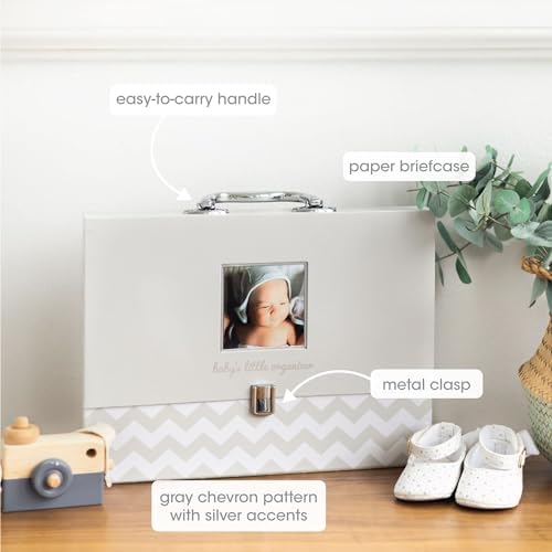 Pearhead baby document organizer open with labeled file folders