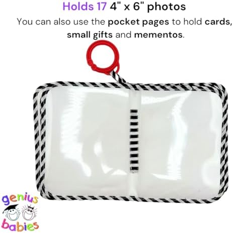 Genius Baby Toys soft baby photo book showing internal wipeable vinyl photo sleeves.
