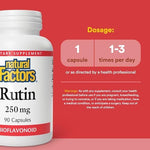 Natural Factors Rutin 250mg ninety capsules packaging displaying manufacturing certifications and brand quality seals