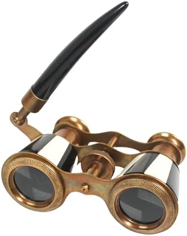 Vintage brass theater binoculars with black and white checkered finish angled view