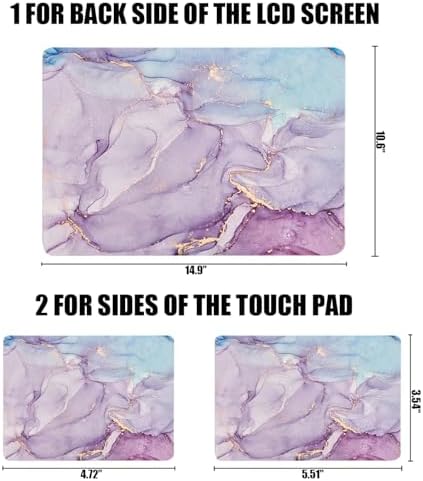 Two included free wrist rest pads applied to the sides of a laptop touchpad matching the marble aesthetic