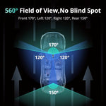 BOTSLAB 3K panoramic dashboard camera highlighting the 560 degree comprehensive coverage angles inside a modern vehicle
