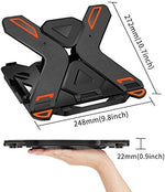 MeFee portable laptop riser folded completely flat next to a travel backpack