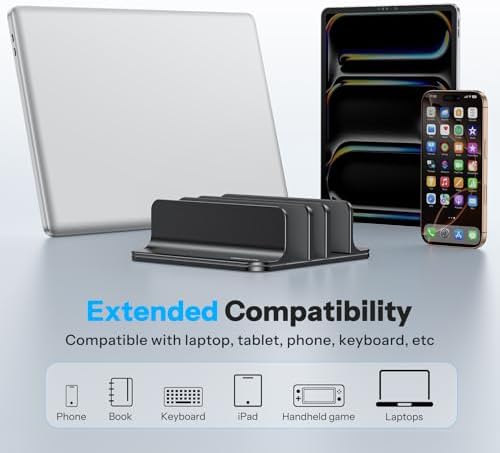 Minimalist home office workstation setup featuring a black three-slot electronic device dock