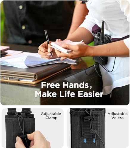 Adjustable storage belt holder case with a walkie talkie inserted to demonstrate fit.