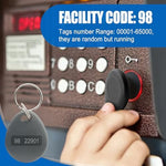 Dcvbny H-ID compatible contactless keyfobs highlighting the compact size next to a door reader