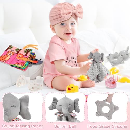 The complete Zopeal deluxe newborn gift basket packaged neatly with its included matching presentation gift bag and pink ribbon