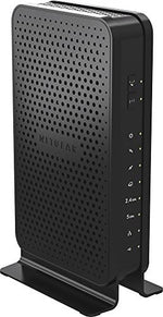 Side angle of the vertical Netgear C3700 wireless router highlighting ventilation holes and sleek black design.