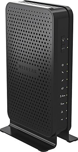 Side angle of the vertical Netgear C3700 wireless router highlighting ventilation holes and sleek black design.