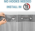 Hookless split ring system on the top header of the bathroom curtain.