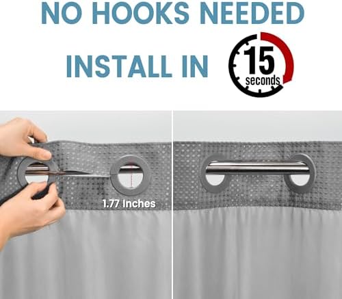 Hookless split ring system on the top header of the bathroom curtain.