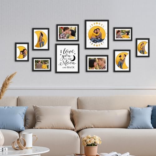 Giftgarden ten pack multi size black frames arranged symmetrically around an I love you to the moon and back sign.