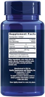 Life Extension CoQ10 supplement packaging showing enhanced mitochondrial support active ingredients