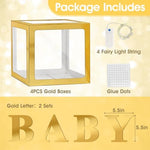 Assembled gold baby shower block set arranged horizontally next to a birthday party cake table