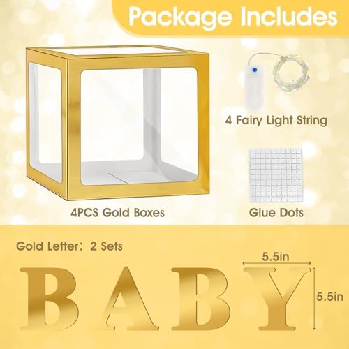 Assembled gold baby shower block set arranged horizontally next to a birthday party cake table