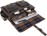 Lifestyle view of the Komal's Passion Leather messenger bag being carried by the adjustable shoulder strap for an executive look.