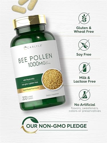 Close up of Carlyle bee pollen complex 200 coated caplets directions and usage text.