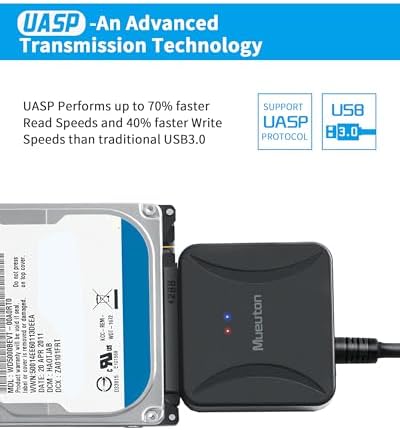 Mueuton external storage adapter connected to a 2.5 inch solid state drive