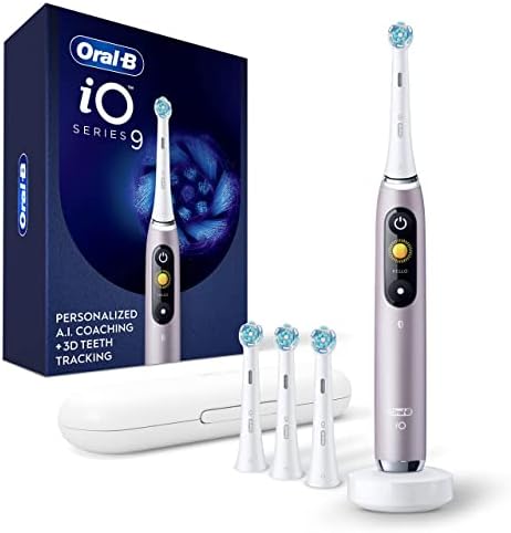 Oral-B iO Series 9 Electric Toothbrush in Rose Quartz front view showcasing the interactive color display