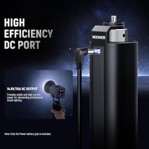 Neewer battery grip power supply showcasing the bidirectional one hundred watt USB-C interface.