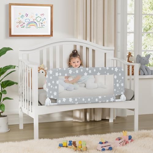 NUTIKAS toddler bed safety rail installed on a standard nursery crib preventing toddler falls.