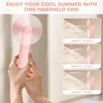 Nezylaf pink handheld mini fan demonstrating the flexible auto-stop blade safety feature