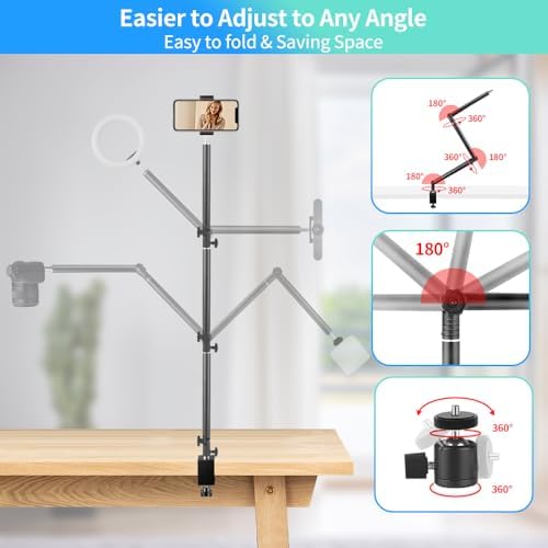 Overhead webcam mount rig illustrating three hundred and sixty degree rotatable gear joints for flat lay photography.