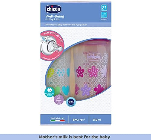 Chicco Well-Being Bipack 250 ml Feeding Plastic Bottle, Advanced Anti-Colic System, BPA Free, Hygienic Silicone Teat (Pink & Green) - Image 4