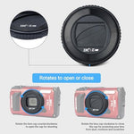 JJC camera accessory replacing LB-T01 lens barrier with closed protective blades for dust prevention.
