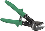 Malco M2007 right cut offset snips showing green thermoplastic grips and alloy steel blades