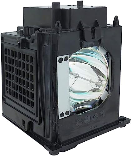 Side angle view of the replacement projector bulb assembly highlighting the durable plastic outer framework module