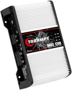 Taramps Bass 1200 car audio amplifier high level and RCA input terminals side view detail.