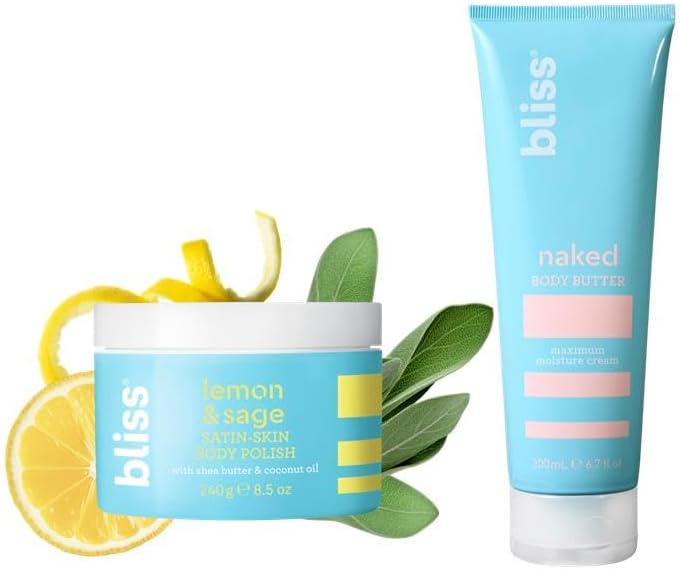 Bliss Naked Body Butter and Satin Skin Body Polish duo front view pack for dry skin care