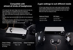 Side profile of the compact silver premium audio preamplifier for home stereo systems.