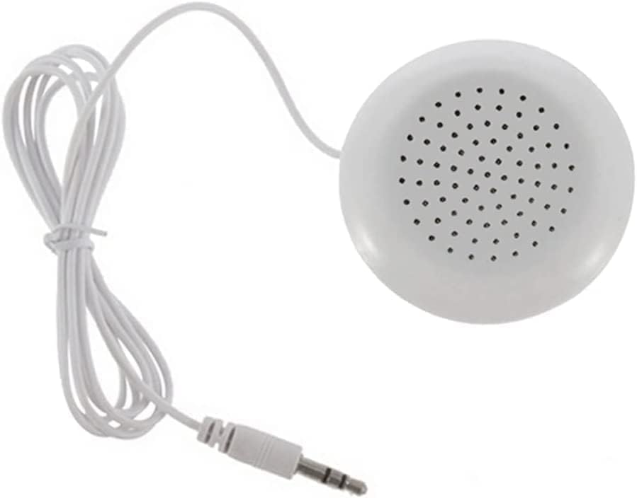 FANTIA white pocket sized pillow speaker connected to a portable music player device.