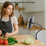 TeQable ergonomic ipad arm mount showing correct eye level alignment during a virtual workplace video call meeting to minimize neck fatigue.