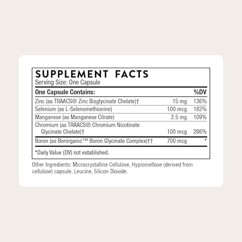 Thorne Trace Minerals premium chelated formula capsules showing USA imported quality seals.