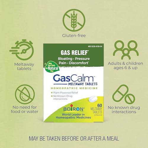 Back label of Boiron GasCalm showing plant based active ingredients and facts.