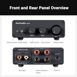 Fosi Audio 600W passive speaker amplifier system connected to premium desktop bookshelf speakers