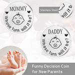 Blinking Stars double-sided parents decision flipping coin close up view.