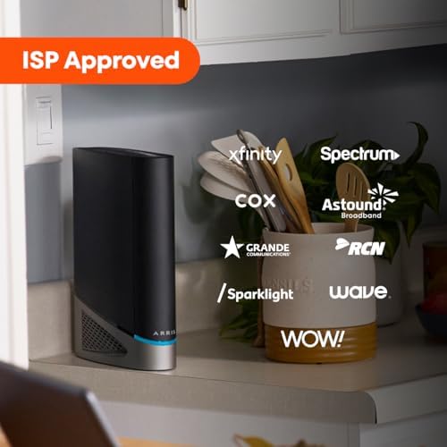 Arris Surfboard G54 packaging box illustrating the key technical features including wireless seven and high coverage indicators.