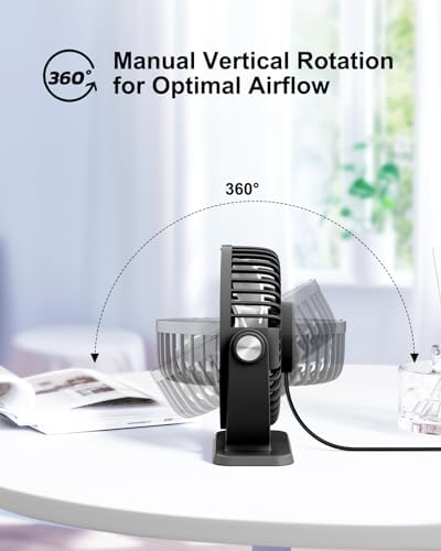 TriPole small desk fan placed on a bedroom nightstand showing the long four point nine foot power cable connection.