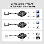 DUOPURUI 1000Mbps network splitter showing the single input port connected to a standard internet cable.