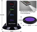 Four color coded wireless item locator tags with keychain rings attached to everyday essentials