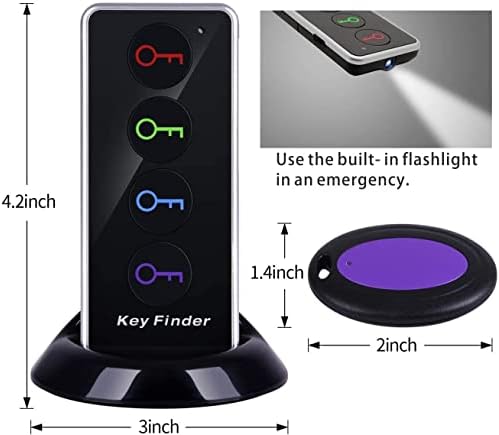 Four color coded wireless item locator tags with keychain rings attached to everyday essentials