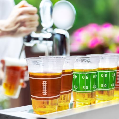 Gatherfun game day touchdown theme plastic drinkware close up view.