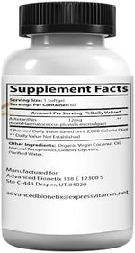 Close up of Advanced Bionetix high bioavailability astaxanthin supplement packaging showcasing the sixty day supply detail.