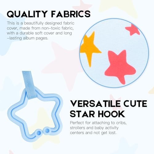 Blue cloth toddler album with star shaped teething ring and stroller attachment hook
