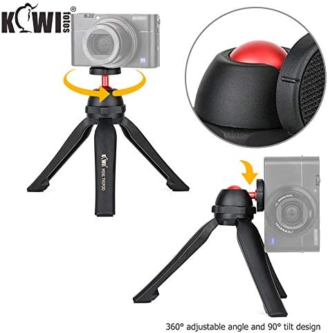 KIWIFOTOS tabletop camera stand with 360 degree rotating ball head adjusted to a 90 degree vertical tilt.